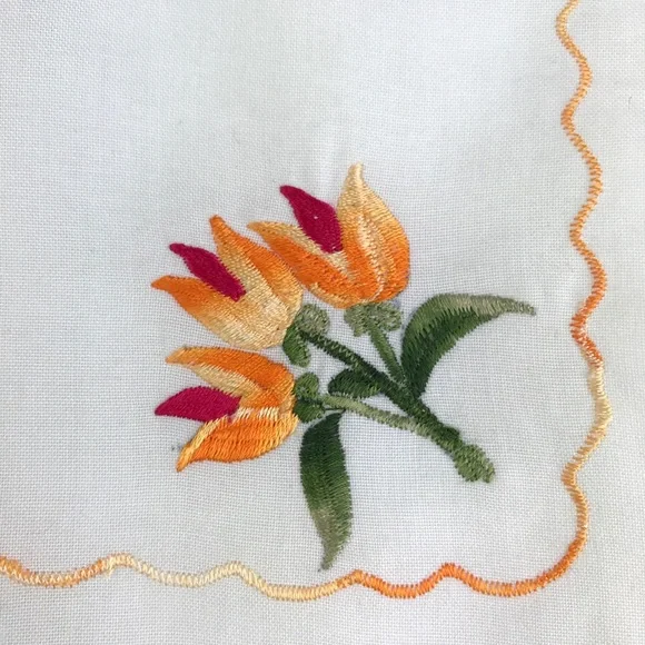 Embroidered Golden Tulips Flowers Fringe Handkerchief Vintage Style Floral - Picture 4 of 16